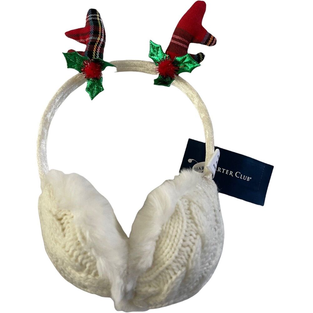 NWT Charter Club Cable Knit Reindeer Christmas Earmuffs Ear Faux Fur #1891